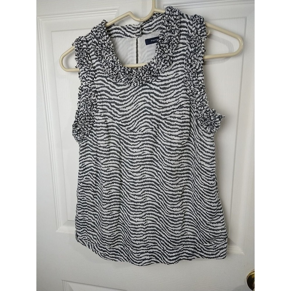 $ French Connection Black White Zebra Lined Ruffled Trim Keyhole Tank. Size 2